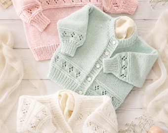 Easy Knit Baby Cardigan Sweater Knitting Pattern PDF V or Round Neck Button Shoulder Jumper DK 8ply 16 - 22" Age 0 - 2 years Download