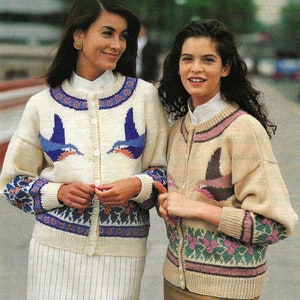 PDF Knitting Pattern Ladies Bird Fair Isle Intarsia Motif Cardigan Jacket DK ( 8 ply )  34 - 44&quot; Vintage Download 2231