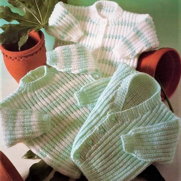 Baby Boys Girls Stripe Rib Cardigan Jumper Sweater PDF Knitting Pattern DK 8 ply 16 - 22"  0 - 2yrs Vinatge Download 835
