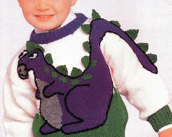 Dinosaur Sweater Jumper PDF Knitting Pattern Unisex motif Boys Girls Aran ( 10 ply, Worsted ) 21 - 25" Age 1 - 6 yrs Vinatge Download