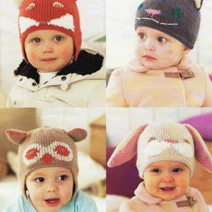 Baby Toddler Childs Animal Hat Knitting Pattern PDF Fox Helmet Cat Bunny Rabbit & Owl DK 8ply Age 0 - 7 years Downloadable