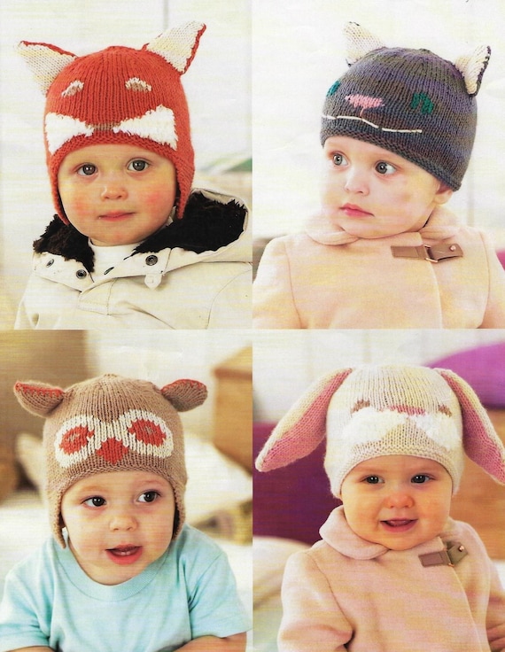 Baby Toddler Childs Animal Hat Knitting Pattern PDF Fox Helmet Cat