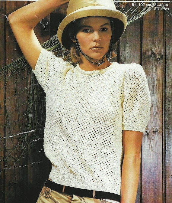 Ladies Mesh Lace Short Sleeve Sweater Summer Top PDF Knitting Pattern Light  DK ply, sport 32 42