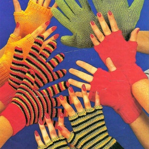 May include: A collection of colorful fingerless gloves in various patterns, including stripes, solid colors, and a textured design. The gloves are made of knitted yarn and are shown on multiple hands.