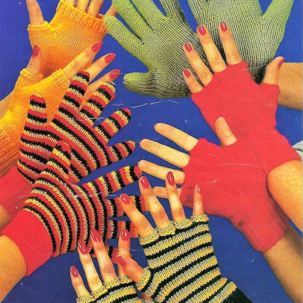 Ladies Teenagers Fingerless Gloves Striped Womens Gauntlets PDF Knitting Pattern DK ( 8 ply ) 2 sizes Vintage Download 13394