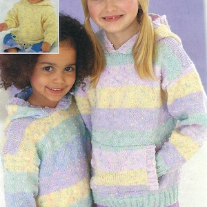 Childs Plain or Striped Hooded Sweater Hoody Girls Boys Easy Knit Jumper Front Pocker & Hood PDF Knitting Pattern DK 8ply 16 - 26&quot; 0 - 6 yrs