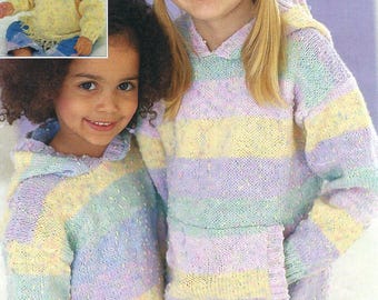 Childs Plain or Striped Hooded Sweater Hoody Girls Boys Easy Knit Jumper Front Pocker & Hood PDF Knitting Pattern DK 8ply 16 - 26" 0 - 6 yrs