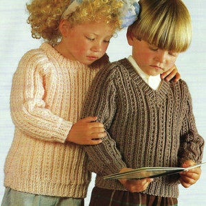 Childs Easy Knit Chunky Sweater Boys Girls V or Crew neck Jumper PDF Knitting Pattern Bulky, 12 ply 22- 32" Age 1 - 12 Vintage Download