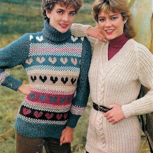 Ladies Long Tunic Heart Sweater Cable Panel Raglan Jumper V oe Polo Neck PDF Knitting Pattern 30 - 38&quot; Teens Aran, Worsted, 10 ply Fair isle