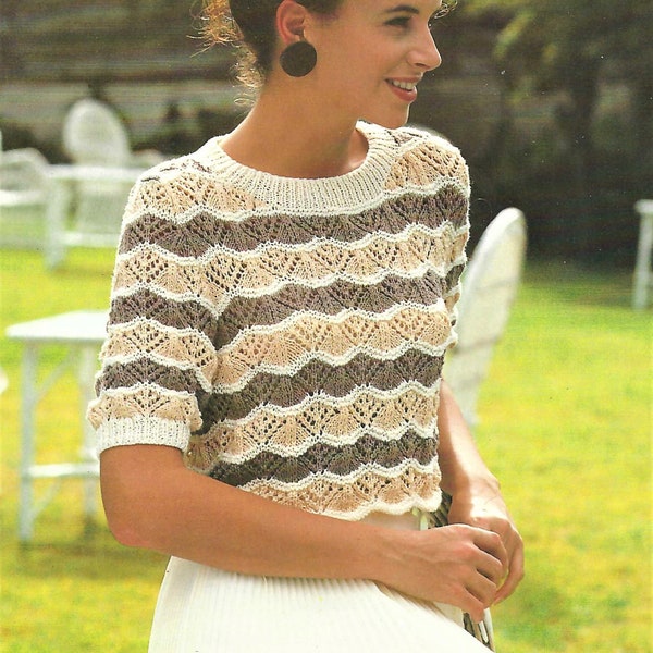 PDF Knitting Pattern Ladies Short Sleeve Lacy Summer Top Striped Sweater DK ( 8 ply ) 28 - 40" Girls Womens Age 10 - Adult Vintage 9068