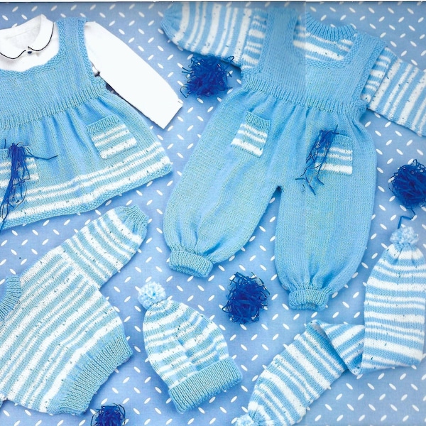 PDF Knitting Pattern Baby Dress Dungarees Striped Sweater Scarf Hat Boys & Girls DK ( 8ply ) 16 - 22ins 0 - 2 years Vintage Download