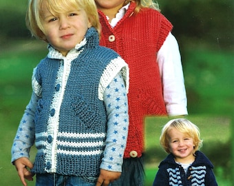 Childs Plain or Striped Jacket & Waistcoat Boys Girls Cardigan with Pockets PDF Knitting Pattern Cotton Chunky 22 - 30" 2 - 11 yrs Download