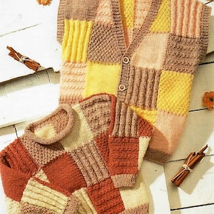May include: Two knitted sweaters with a patchwork design. The larger sweater is sleeveless and has a button closure. The smaller sweater has long sleeves. Both sweaters are made with a variety of colors, including brown, yellow, orange, and cream.