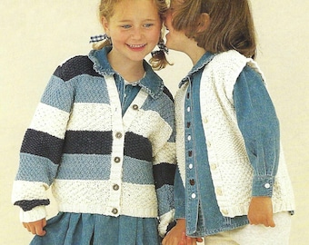 Girls Striped Cardigan Waistcoat in Moss & Double Moss Stitch Sleeveless PDF Knitting Pattern Cotton Aran ( 10 ply, worsted ) 20 - 30" 1 -11