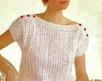 Ladies Easy Knit Lacy Summer Top Button Shoulder PDF Knitting Pattern DK ( 8 ply ) 32 - 42" Vintage 8350 Digital Download