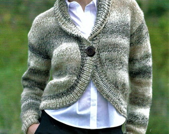 May include: A striped cardigan with a shawl collar and a single button closure. The cardigan is made of a soft, textured yarn in shades of brown, beige, and gray.