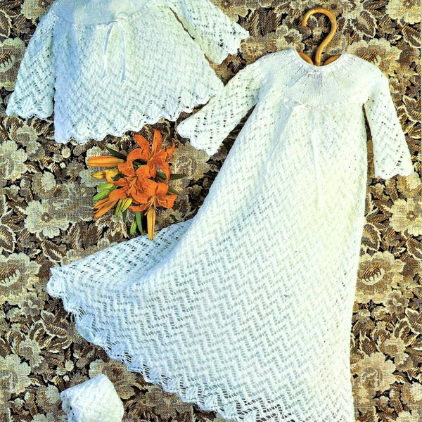 Baby Girls Lacy Angel Top Christening Gown Dress Bonnet Heirloom PDF Knitting Pattern 4 ply 18" 19" 20" 0 - 12 mths Vintage Download