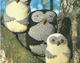 PDF Knitting Pattern Set 3 Mother Father Baby Owl Cushions or Stuffed Toy 32cm  40cm 45cm Chunky ( Bulky, 12 ply ) Vintage Download