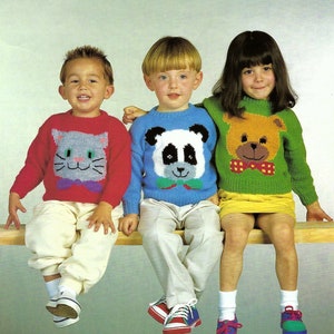 Boys Girls Animal Motif Sweater or Jumper Cat Bear & Panda Design Childs PDF Knitting Pattern DK ( 8 ply ) 22 - 26" Worked flat 842