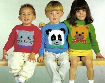 Boys Girls Animal Motif Sweater or Jumper Cat Bear & Panda Design Childs PDF Knitting Pattern DK ( 8 ply ) 22 - 26" Worked flat 842