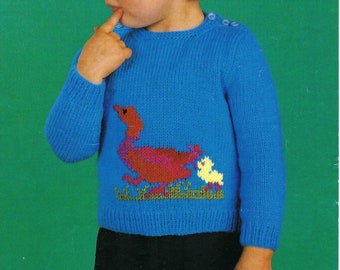 Childs Duck Chick Motif Sweater Jumper PDF Knitting Pattern DK ( 8ply ) baby Girls Boys 3 mths - 4 years 18 - 24" Vintage Download