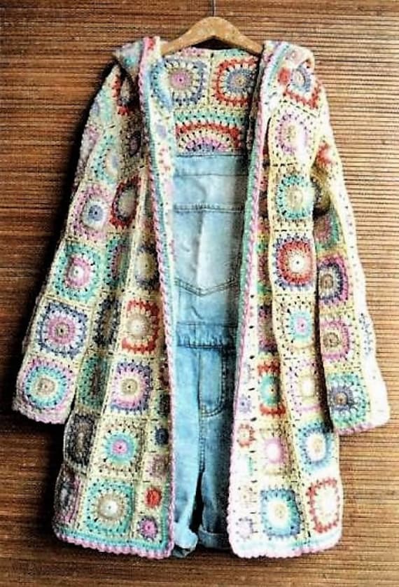 Ladies Womens PDF Crochet Pattern Long Granny Square Hooded
