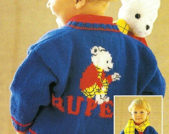 Boys Girls Rupert Bear Intarsia Motif V Neck Cardigan Jacket PDF Knitting Pattern DK ( 8 ply ) 22 - 30" 1 - 10 yrs Vintage Digital Downlaod