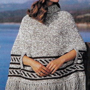 Ladies Fringed 70&#39;s style Poncho Arm Opening Matching Hat Fair Isle PDF Knitting Pattern  Chunky ( Bulky ) 34 - 38&quot; Vintage Download 5669