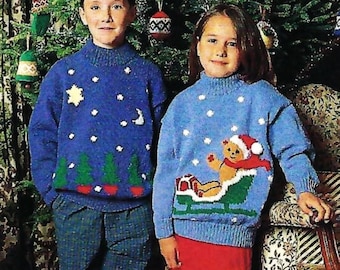 Boys Girls Christmas Sweater Santa Teddy In Sleigh & Xmas Tree Motifs PDF Knitting Pattern DK 8ply 24 - 34" Age 4 - 14 Vintage Downloadable