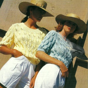 Leaf Motif Ladies Short Sleeve Sweater Top Knitting Pattern PDF Womens Summer Sweater Round Neck DK 8ply 30 - 40&quot; Vintage Downloadable