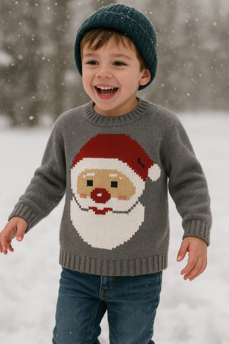 May include: A child wearing a gray sweater with a Santa Claus face design, a red hat, and a white beard. The child is also wearing a dark green beanie and blue jeans. The background is a snowy scene.