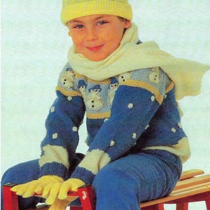 Boys Girls Snowman Motif Yolked Christmas Sweater Jumper Fair Isle Bobble PDF Knitting Pattern DK ( 8 ply )  23 - 26&quot; Vintage Download child