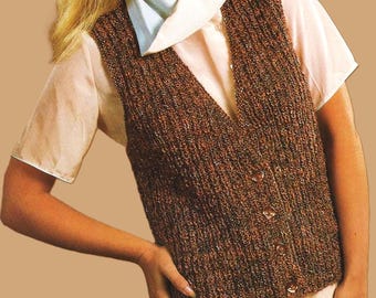 Ladies Simple Rib Waistcoat Womens V Neck Gilet Vest PDF Knitting Pattern Aran 10py Worsted 30 - 40" Vintage Downloadable