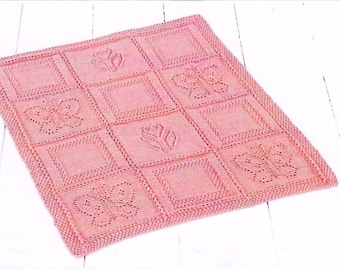 Baby Blanket with Butterfly and Tulip Flower Eyelet Motif Squares Shawl Cot PDF Knitting Pattern DK ( 8 ply ) 70 x 84cm Downloadable