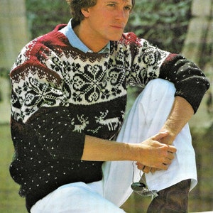 Mens Fair Isle Xmas Sweater Jumper Reindeer Design Nordic PDF Knitting Pattern Aran ( 10 ply, Medium Worsted ) 38 - 44&quot; Vintage Download
