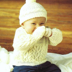Baby Boys Cable Sweater Hat & Mittens Toddler Jumper Pullover PDF Knitting Pattern DK 8ply 16 - 22&quot; Age 0 - 2 yrs Vintage Downloadable