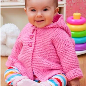 Baby Girls Hooded Jacket Cardigan Easy Knit Beginners PDF Knitting Pattern Aran ( 10 ply, Worsted ) 20 - 26&quot; 6mths - 2 yrs
