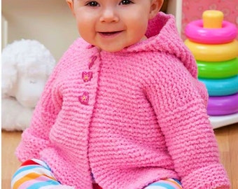 Baby Girls Hooded Jacket Cardigan Easy Knit Beginners PDF Knitting Pattern Aran ( 10 ply, Worsted ) 20 - 26" 6mths - 2 yrs
