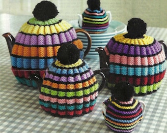Multi Colour Tea Cosy Striped design 5 sizes Tea pot ht 7.5 - 20cm PDF Knitting Pattern DK ( 8 ply ) Vintage Digital Download teacosy