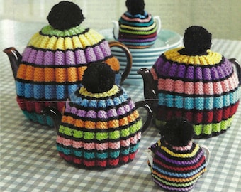 Multi Colour Tea Cosy Striped design 5 sizes Tea pot ht 7.5 - 20cm PDF Knitting Pattern DK ( 8 ply ) Vintage Digital Download teacosy