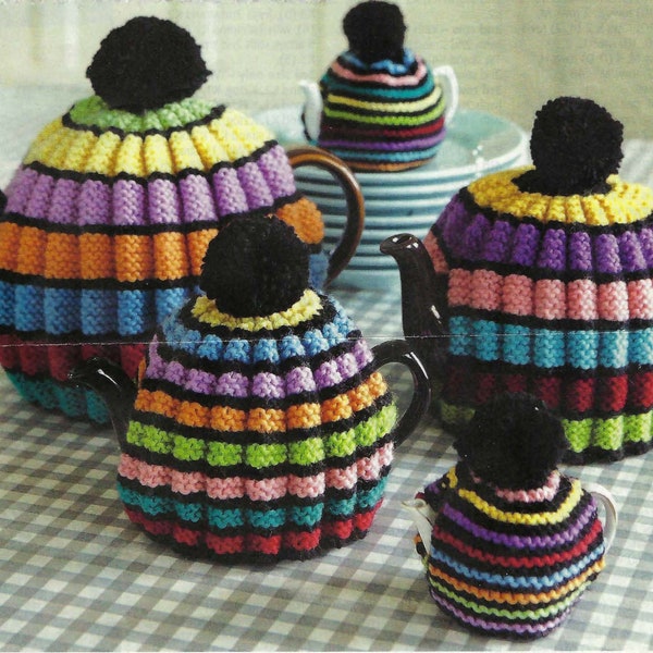 Multi Colour Tea Cosy Striped design 5 sizes Tea pot ht 7.5 - 20cm PDF Knitting Pattern DK ( 8 ply ) Vintage Digital Download teacosy