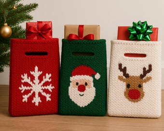 Knitting Pattern PDF Christmas Gift Bag Santa Reindeer & Snowflake Easy Knit with Handle 18 x 25cm Aran 10ply Worsted Festive Decor Download