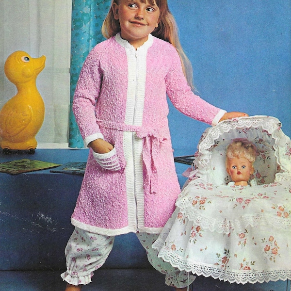 Knitting Pattern PDF Girls Long Dressing Gown House Coat Pockets Belt Zip Front 22 - 28" Age 1 - 8 yrs DK ( 8 ply Vintage Download 5086