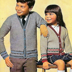 Boys Girls V Neck Raglan Cardigan Fair Isle Design Stripe Borders PDF Knitting Pattern 24 - 30&quot; DK ( 8 ply ) Vintage 9692 Digital Download