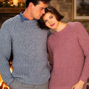 Easy Knit Chunky Fishermans Rib Sweater Jumper Knitting Pattern PDF Mens Ladies Long Loose Fit Raglan Tunic Bulky 12ply 32 - 42" Download