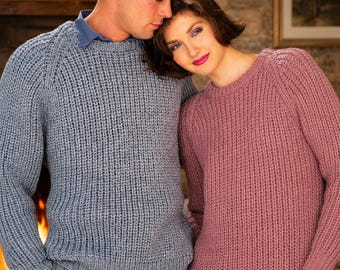 Easy Knit Chunky Fishermans Rib Sweater Jumper Knitting Pattern PDF Mens Ladies Long Loose Fit Raglan Tunic Bulky 12ply 32 - 42" Download