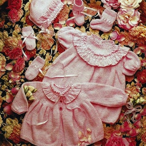 Baby Girls Layette Matinee Coat Cardigan Jacket Frill Dress Bonnet Booties Mittens PDF Knitting Pattern DK ( 8 ply ) 16 - 22&quot; 0 - 2 years