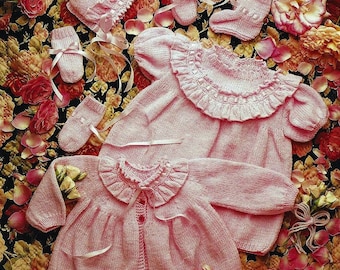 Baby Girls Layette Matinee Coat Cardigan Jacket Frill Dress Bonnet Booties Mittens PDF Knitting Pattern DK ( 8 ply ) 16 - 22" 0 - 2 years