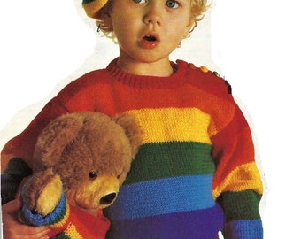 Knitting Pattern Boys Girls Rainbow Striped Sweater Jumper matching Teddy Bear Clothes Beret Hat PDF Download 22 - 26" DK ( 8 ply ) Vintage