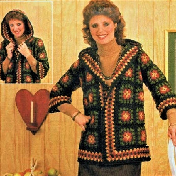 PDF Crochet Pattern Ladies Womens Granny Square Hooded Jacket Cardigan 28 - 38" Aran ( 10 ply, Worsted ) 70s Style Fashion Vinatge
